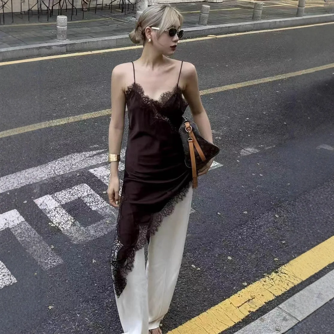 

Women Strap Mini Dress 2026 New Summer French Style Lace Trim Spaghetti Strap Dress For Women Asymmetric Hem Casual Dress