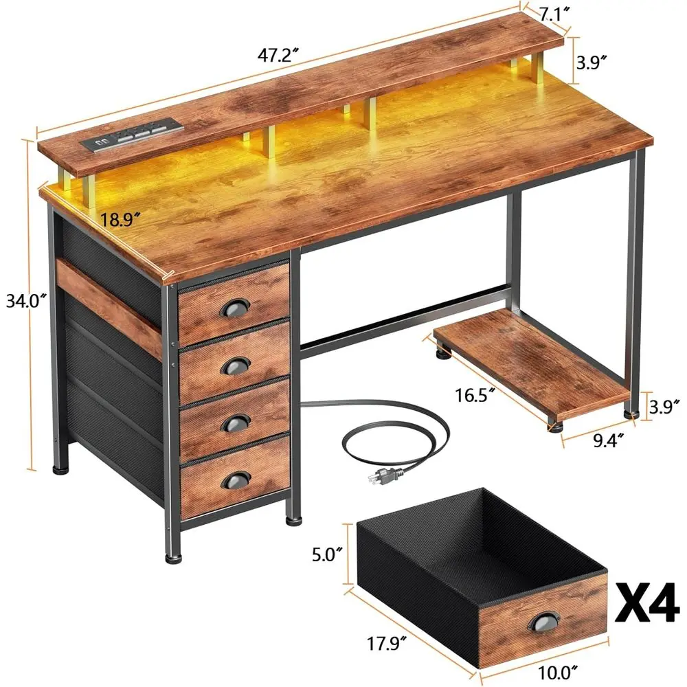 Rustic Brown 47 Desk with 4 Drawers, Monitor Stand, LED Lights, and Power Outlets for Home Office and Gaming in Small Spaces