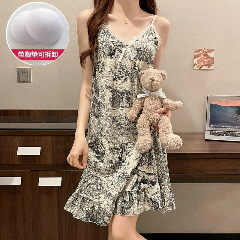 2024 Summer Cotton Print Sexy Lace Lingerie Spaghetti Strap Nightgowns for Women Korean Sleepwear Nightdress Night Dress Nighty