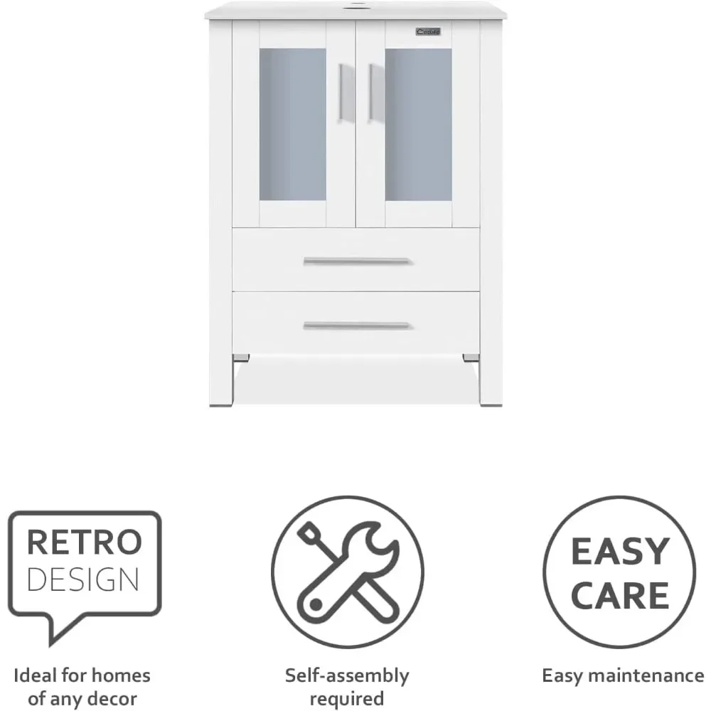 Évier d'HOVanity moderne avec petites armoires latérales, évier de bateau en verre marron, économie d'eau, vidange escamotable, 84 po, blanc chlore