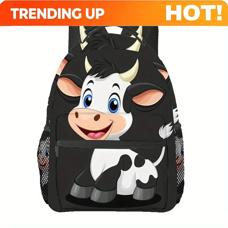 Custom Bag Cute Cartoon Cow Print Backpack, Men'S Outdoor Sports Double Shoulder Bag, Adjustable Strap, Polyester Material, Zipp