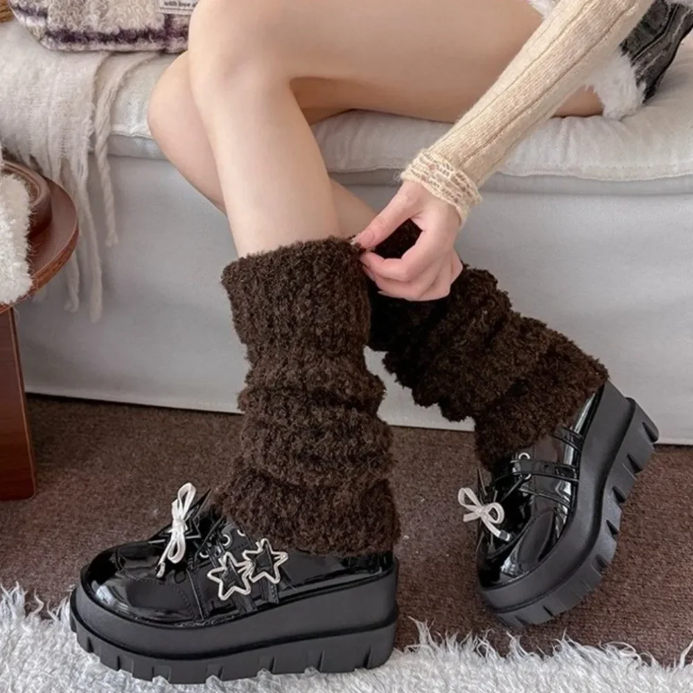 Thick Warm Knitted Leg Warmers Fleece Lining Knitted Texture Wool Blend Leg Warmers Stretchy Fabric Turn-Cuff Design