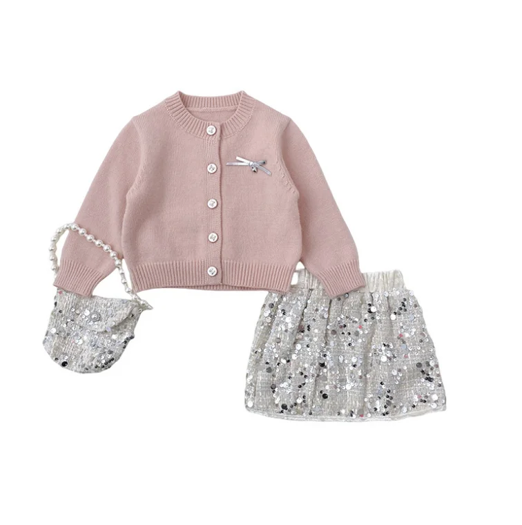 New Baby Girls Fall Fashion 3 Piece Sets Knitting Cardigan + Sequined skirts + Purse  Princess Elegant Suits 1-7T