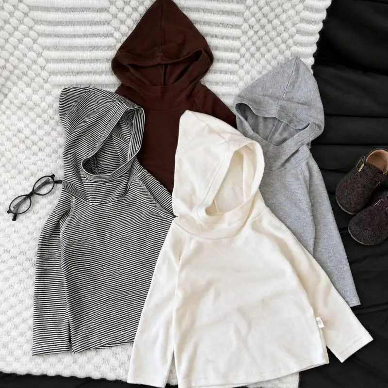 2026 Autumn New Children Long Sleeve Striped T Shirts Cotton Boys Girls Hooded Bottoming Shirts Soft Casual Tops Kids Clothes