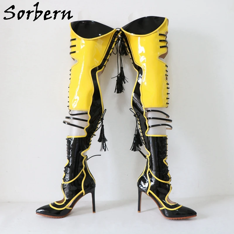 Sorbern Sexy żółte czarne buty damskie Over The Knee Lace Up powrót kontrastowe kolory Pointed Toe szpilki wysokie obcasy niestandardowe nogi