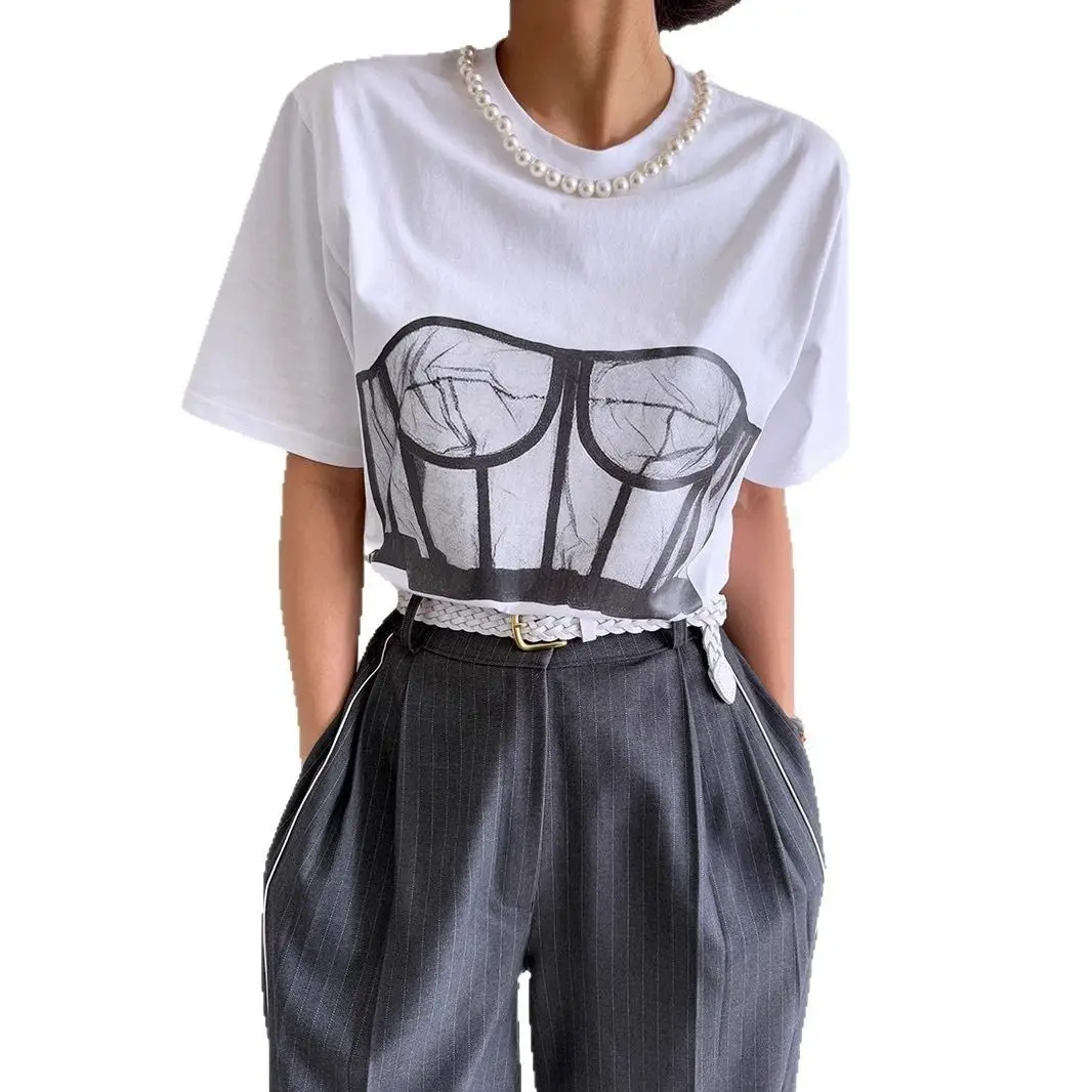 Camiseta Casual Holgada de Verano Estilo Europeo y Americano, Diseño de Sujetador Estampado, Camiseta Sexy de Manga Corta para Mujer