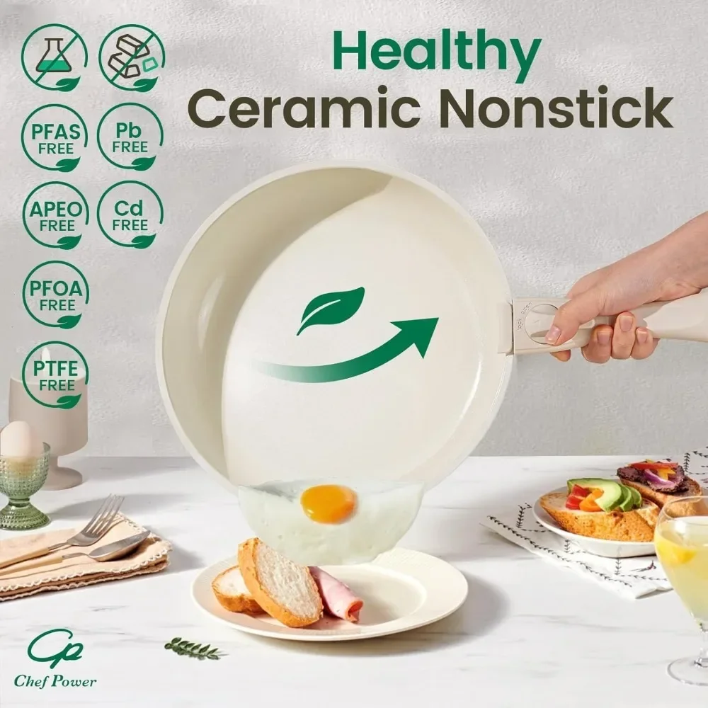 Set di pentole in ceramica non tossico con manici staccabili, padelle e pentole antiaderenti salutari, set da 19 pezzi, senza POA e PTFE, bianco crema