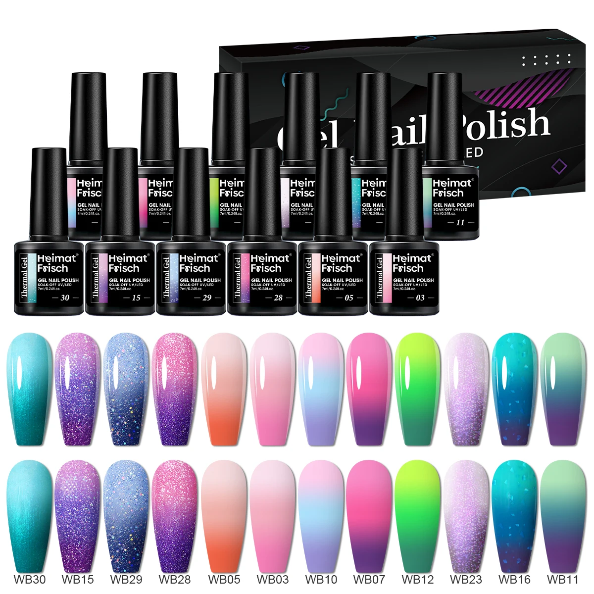 

12-флаковый термохромный гель-лак для ногтей, полуперманентный блеск и формула геля без ароматизаторов.