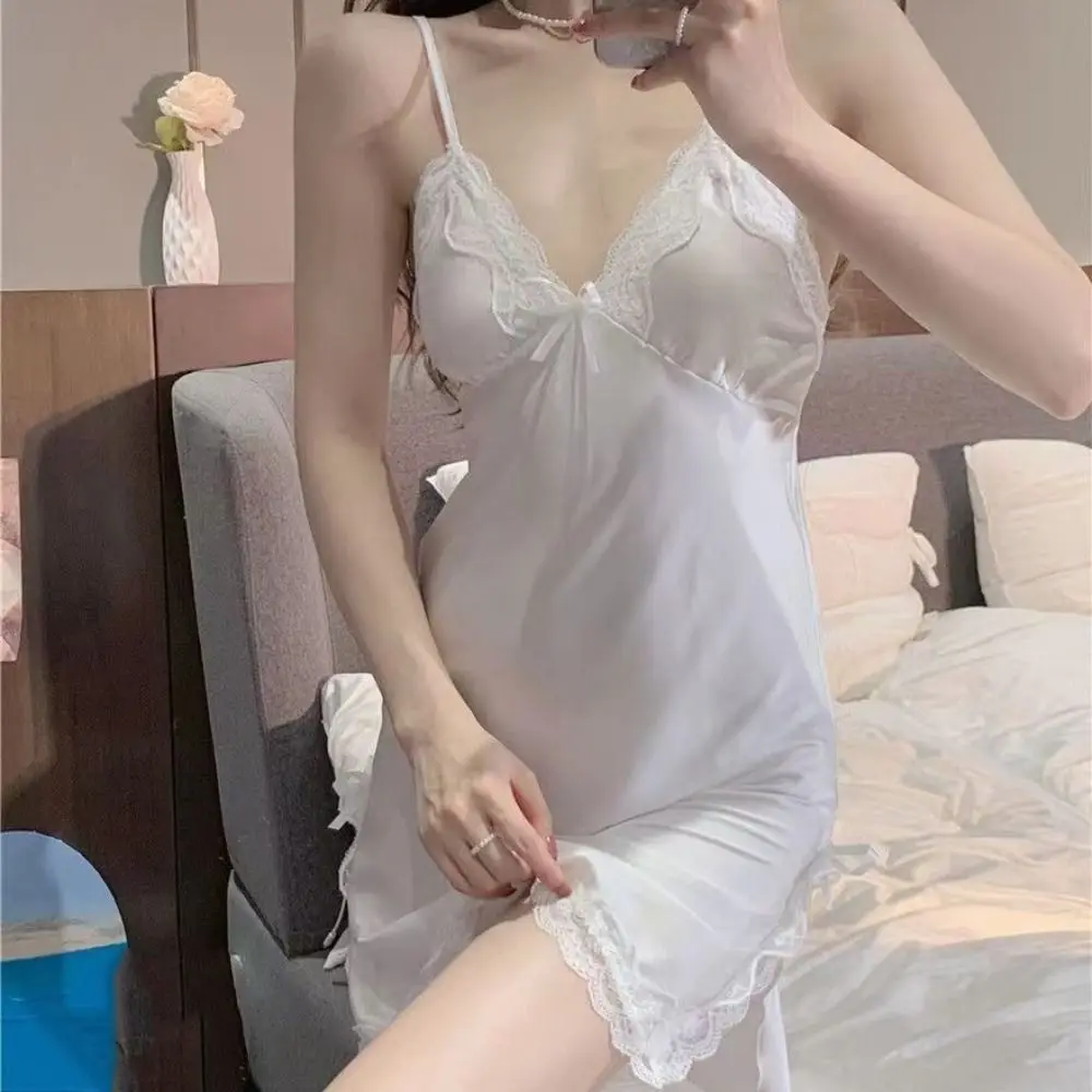 

Lace Bow Women's Pajama Dress Sleeveless Split Ice Silk Suspender Nightdress Party Dress Thin Slim Sling Nightgown Club