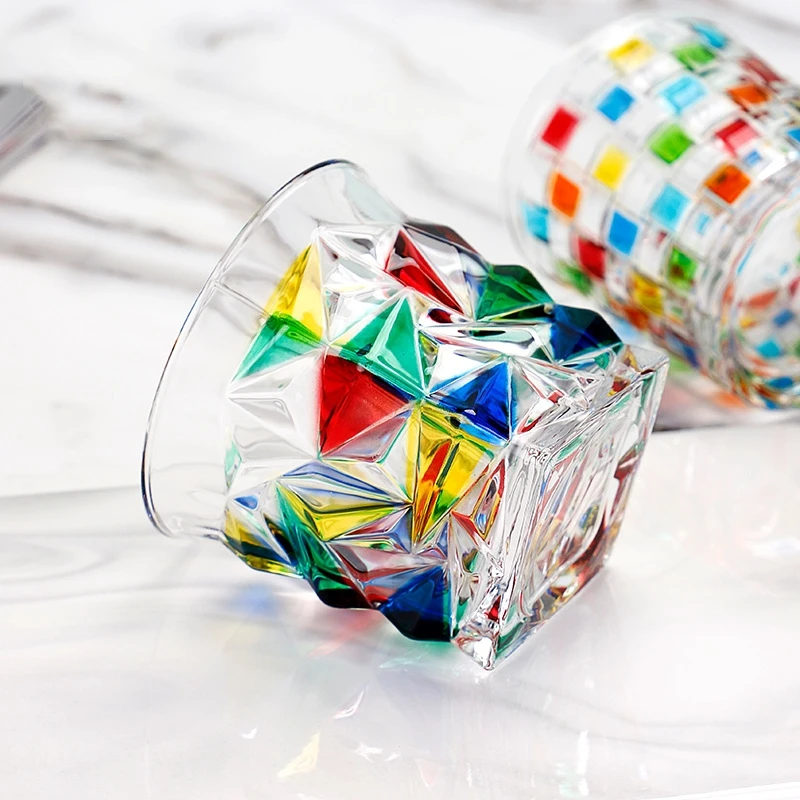 

European-Style Coulorful Lines Hand-Painted Lines Woven Crystal Stained Juice Cup Whiskey Glass Personalise Gift Bar Tool