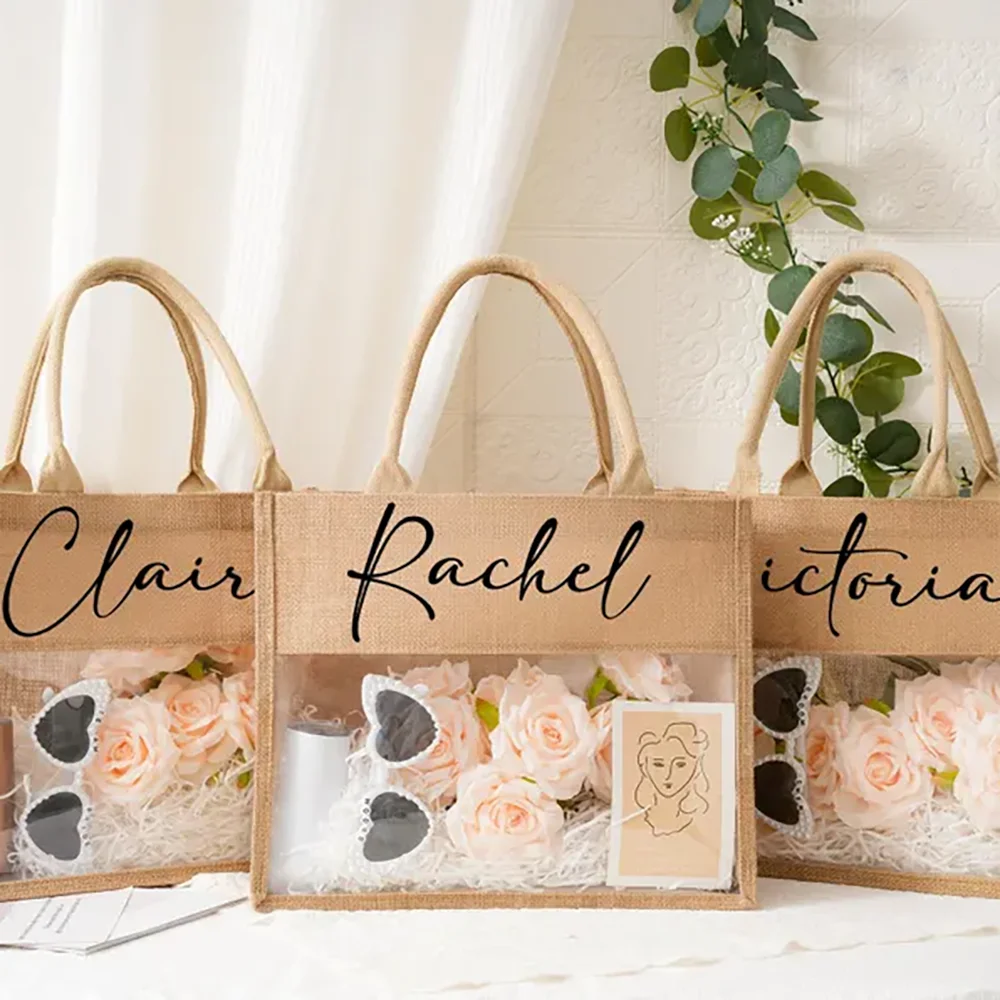 

Personalized 1Pcs Beach Burlap Tote Bag with Name Bridal Shower Gift Hen Party Bridesmaid Gift Bag Seaside Theme Wedding Supply