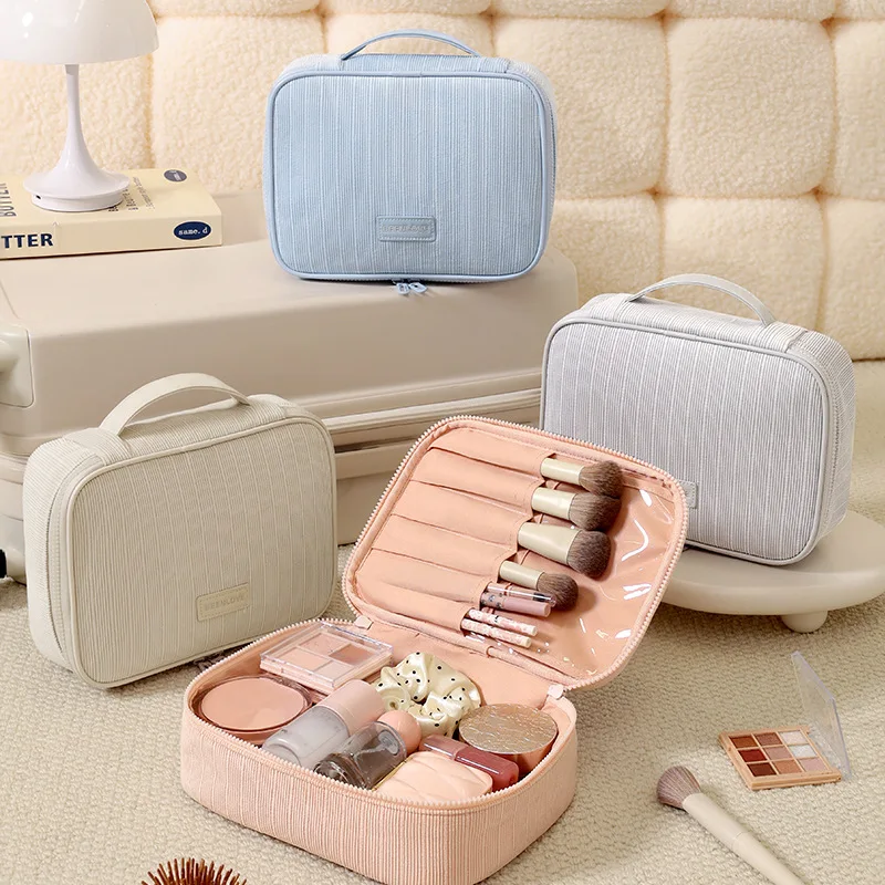 Bolsa de maquillaje de pana portátil de alta gama para mujer, caja de almacenamiento de cosméticos con cremallera, organizador de artículos de tocador de viaje, bolsa de lavado multizona