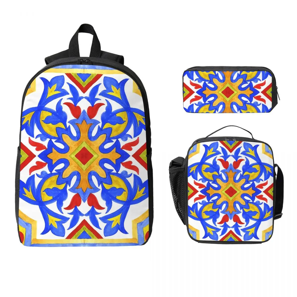 

Portuguese Azulejo Tiles. 3 Backpack Student Boys Girls BookBag School Bag Shoulder Bags 3ps Insulated Lunch Bag Pencil Case