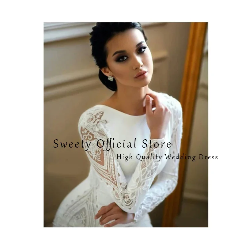 Elegant Wedding Dress Satin With Embroidery Lace Mermaid Train O-Neck Full Sleeve Bride Dress Back Button Vestido De Novia