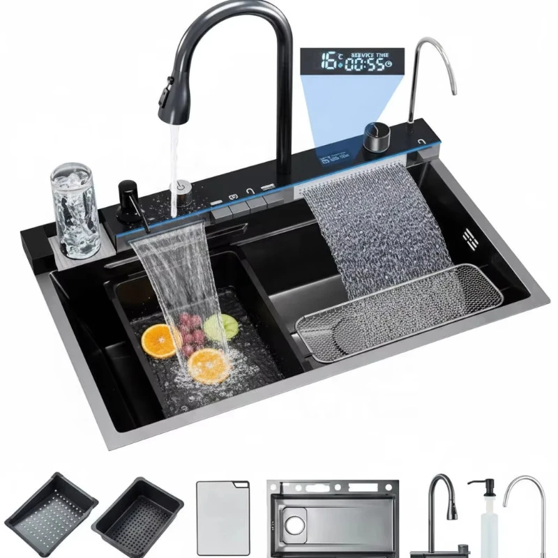 Handmade Single Bowl Stainless Steel Kitchen Sink Black Nano Modern Design with 5 Hole Waterfall Faucet Smart Function Faucet