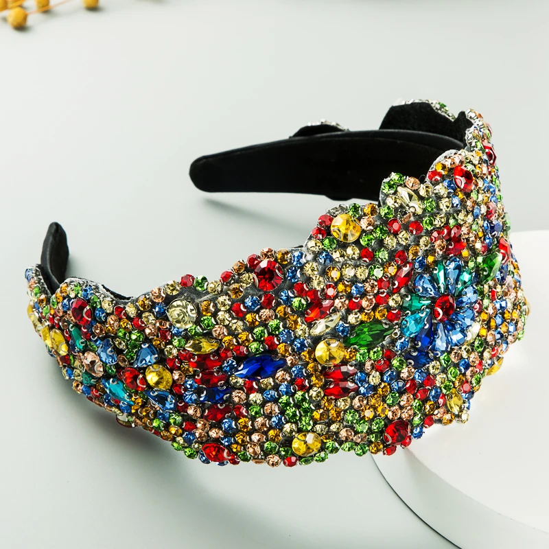 New Oversized and Exaggerated Starry Colorful Rhinestones With Wide Brimmed Hair Bands and Mesh Red Fabric Personalized Headwear