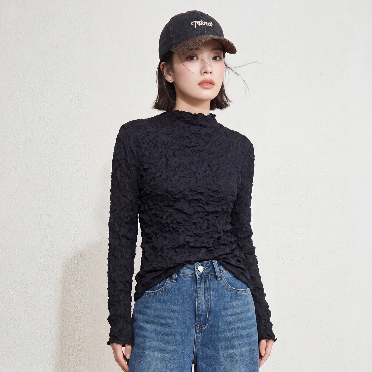 Miyake Three-dimensional Bubble Pleated Long-sleeved Women's Half-high Collar Elastic Slim Texture Early Autumn Suit