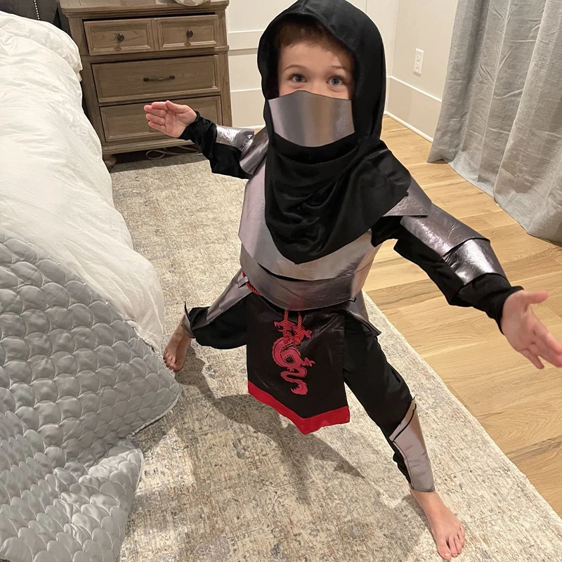 2024 Nieuwe Collectie Jongens Dragon Ninja Halloween Cosplay Zilver Ninja Kostuum Voor Jongens Meisjes Kerst Carnaval Purim Kleding