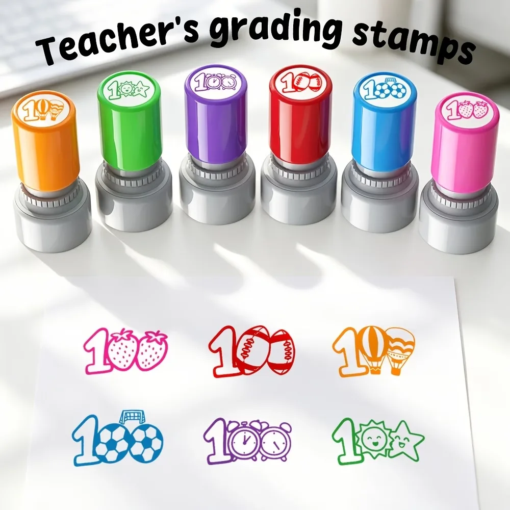 1PC Creative Teacher Grading Series Stamp -100 Color Self Inking Incentive Universal Circular Seal