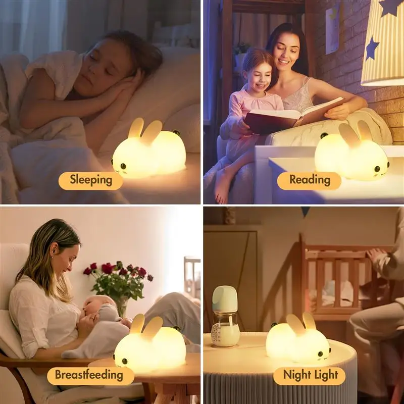 Luces nocturnas de conejo de silicona regulables con Control remoto y temporizador, lámpara de dormir para dormitorio, lámparas de mesita de noche de conejo recargables RGB