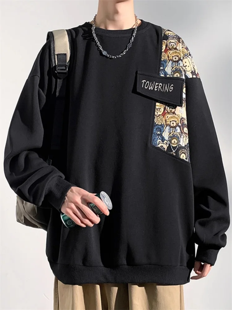 

Мужской повседневный свитшот оверсайз с круглым вырезом, свободного кроя, с вышивкой и пэчворком, осенний, модный, больших размеров, пуловер с капюшоном для мальчиков