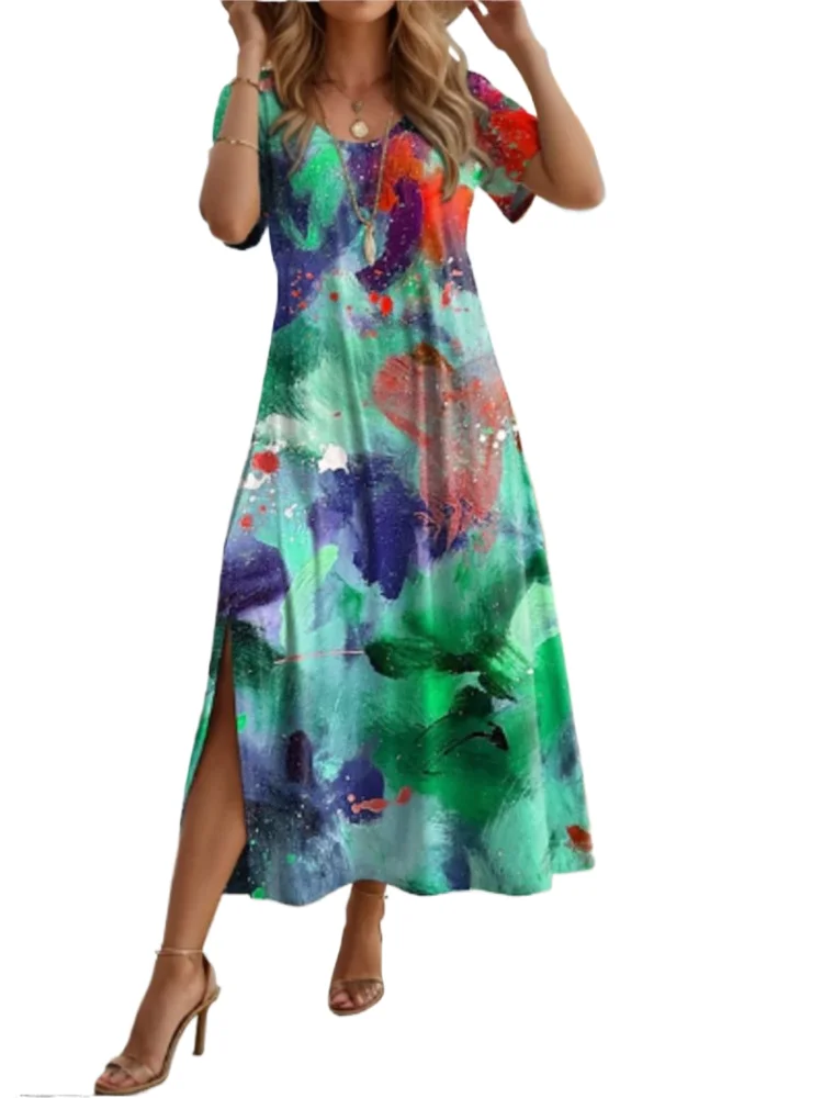 

Women Floral Print Dress Casual O Neck Short Sleeve Loose Dresses Robe Femme Fashion Holiday Beach Skirt Womens Clothing Summer