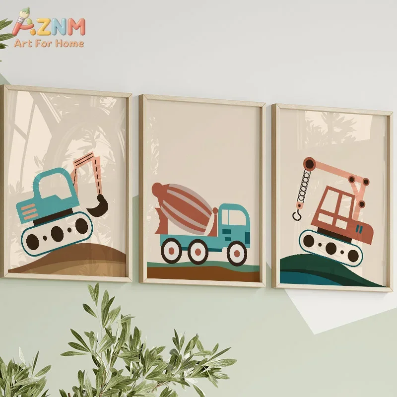AZNM Cartoon Construction Truck Canvas Wall Art Excavator Crane Mixer Truck Print Boys Toddler Nursery Room Decor Unframed