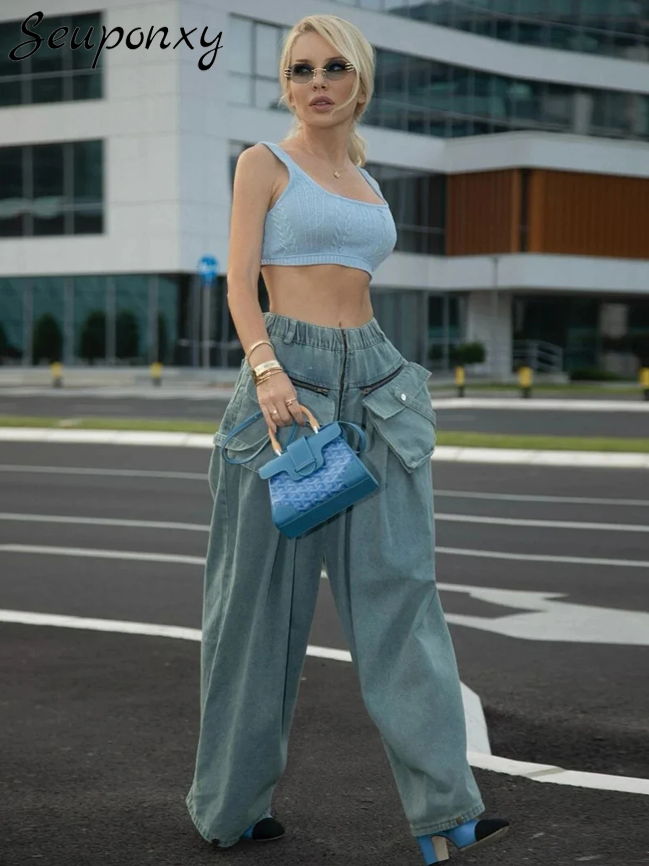 

High Quality 2024 New Summer Women'S Fashion Large Pocket Design Wide Leg Pants Sexy High Waist Loose Casual Denim Pants