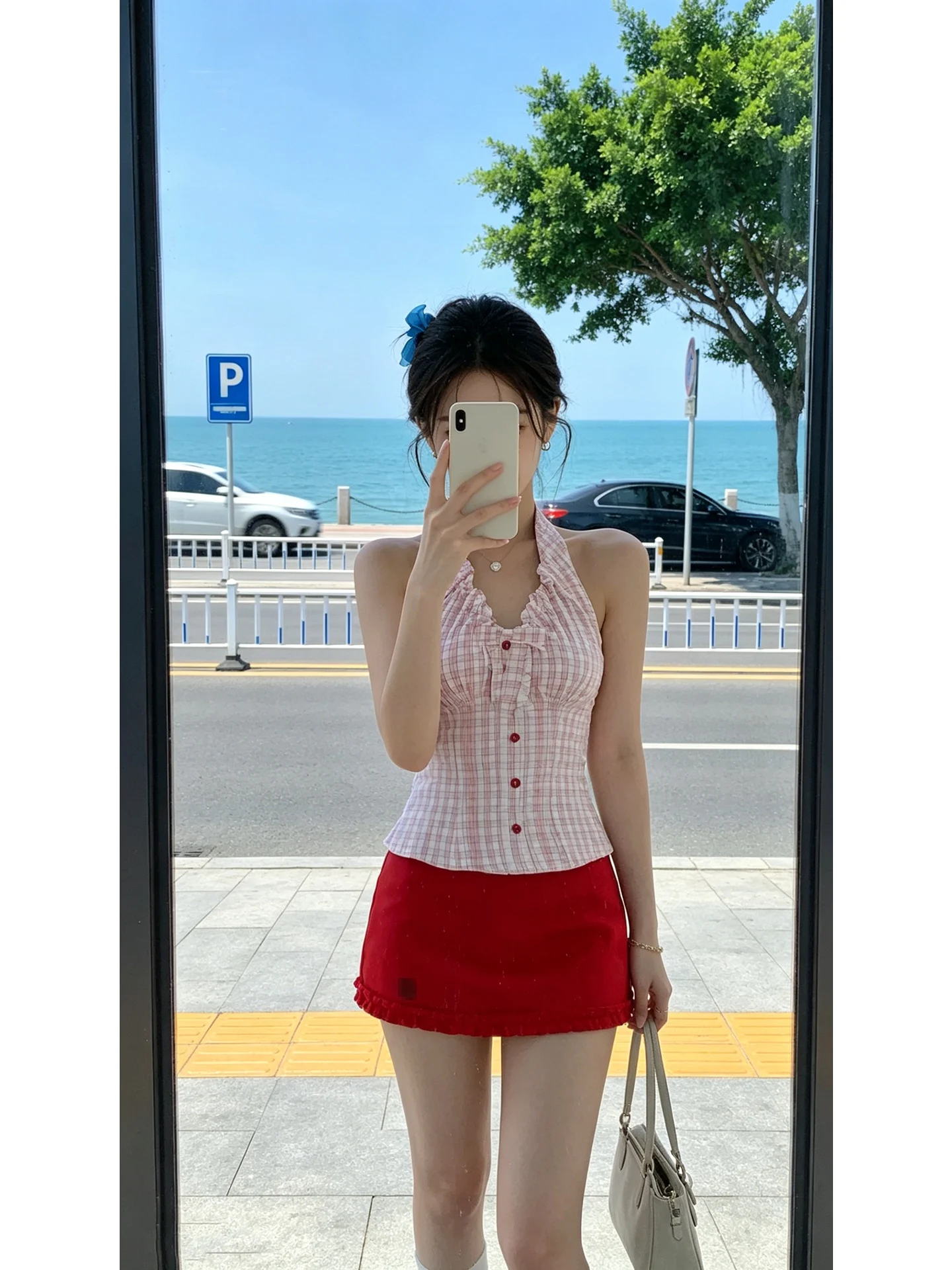 

Summer 2026 Sweet And Spicy Style Checkered Neck Hanging Red Short Skirt Women's Pure Desire Slimming Two-Piece Set Casual Wear