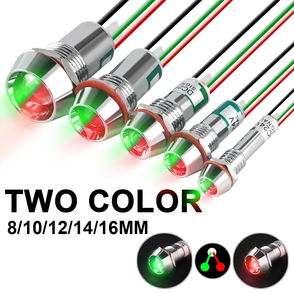 Lámpara de señal de luz indicadora de Metal de dos colores con cable LED impermeable, verde, rojo, 3V, 6V, 12V, 24V, 110V, 220V, 8MM, 10MM, 12MM,