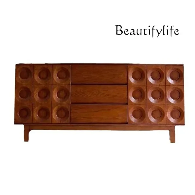 vV Medieval oak dining side cabinet, living room home wall solid wood locker, retro multi-layer drawer side cabinet