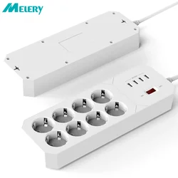 Melery Power Strip Surge Protector 8 AC Outlets EU Plug Socket Electrical USB Charging Port Adapter Wall Mounted Extension Cord