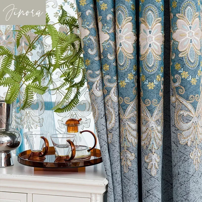 Embroidery Jacquard Finished Curtains For Living Dining Room Bedroom European Style Chenille Velvet Embroidered Water Soluble