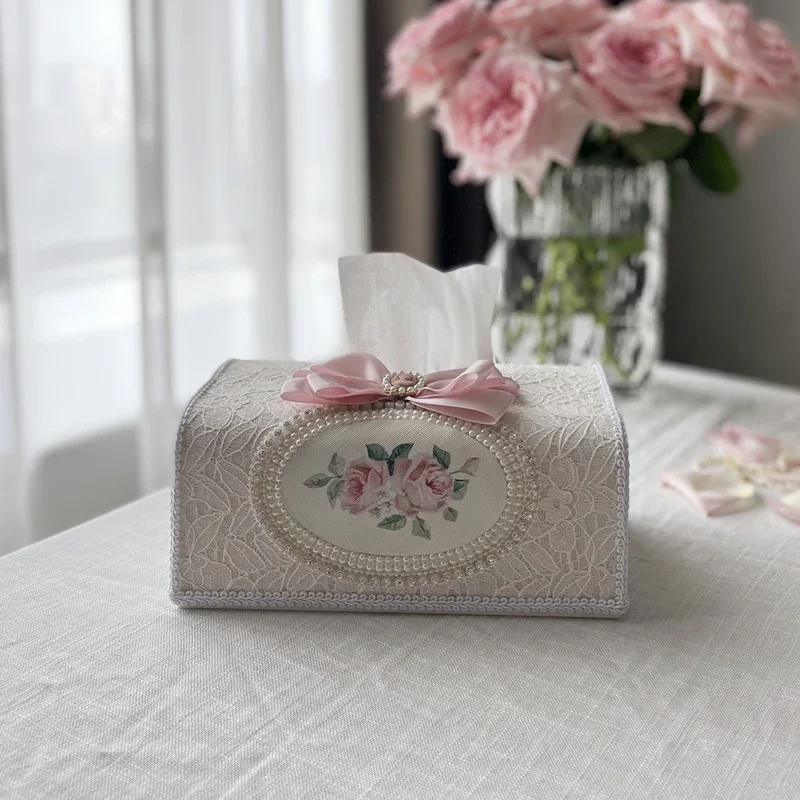 Romantic Embroidered Lace Tissue Box, Pearl Bowknot Fabric Towel Holder, Elegant Home Storage, Car Accessory, Pink