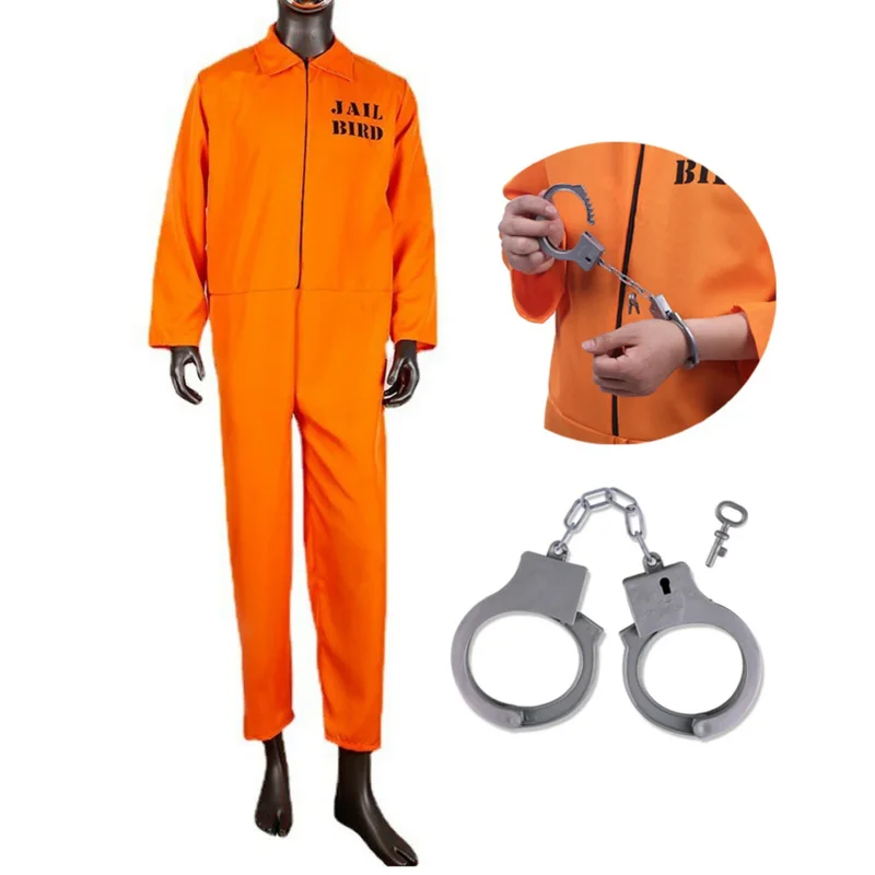 Purim suit Men Prisoner Convict Costume Halloween Chirstmas Orange  Criminal Jailbird Inmate Shirt Carnival Overall Jumpsuit