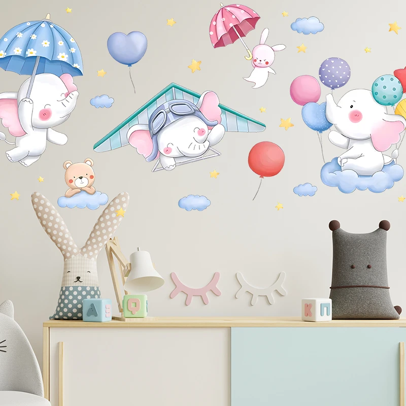 Cartoon Rabbit Elephant Bear Wandering In Sky Wall Stickers For Kids Bedroom Decor Animal Mural Art Home Decal Pvc Poster
