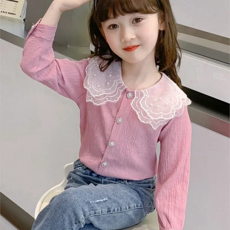 2024 New Spring autumn Baby Girls boys Cotton soild lace T shirts coat Cute Children kids Clothes