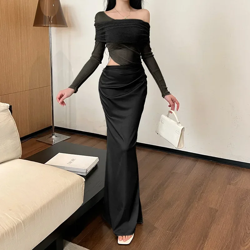 Spring and summer new slash neck mesh patchwork sexy long sleeved dress for women