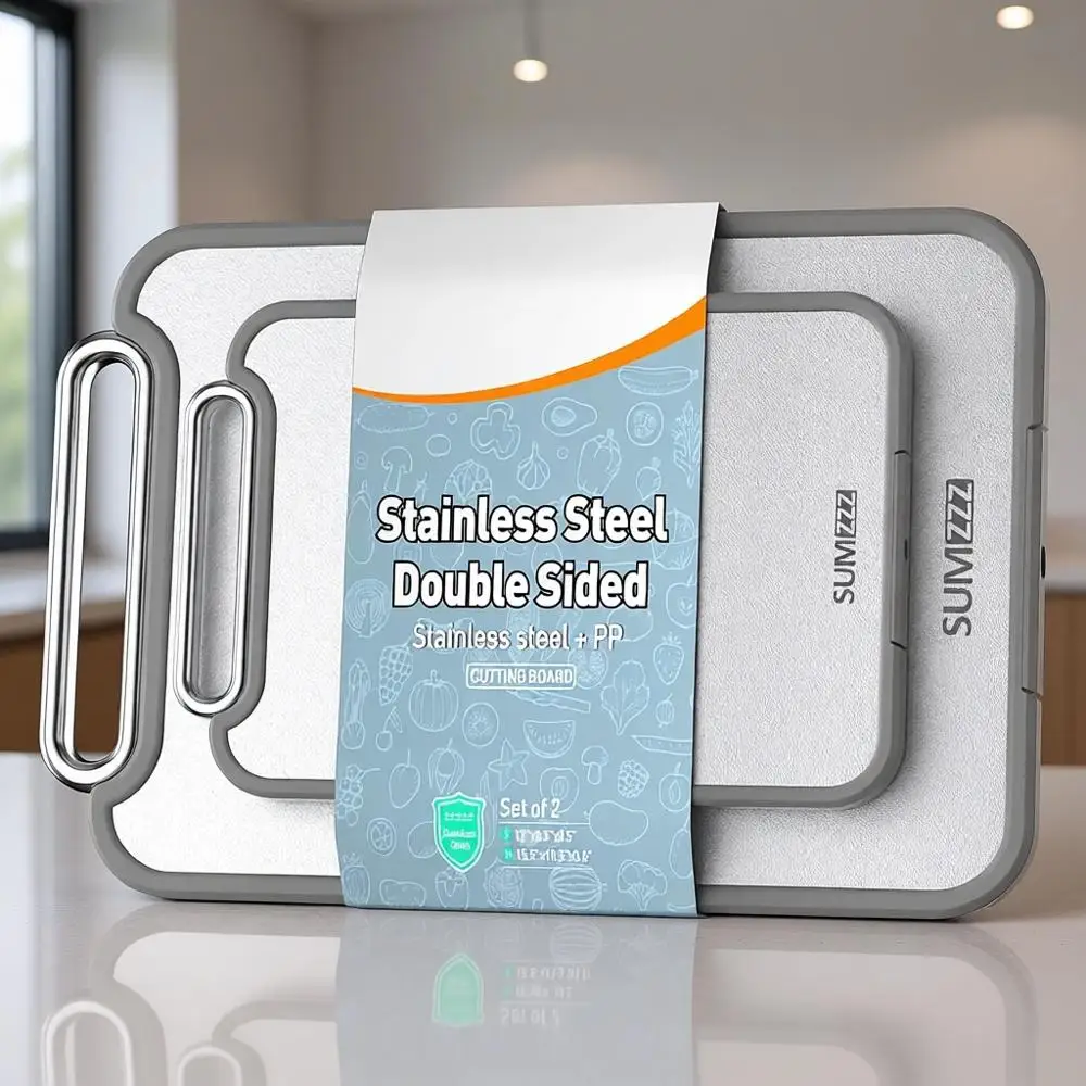 

Набор двусторонних разделочных досок из нержавеющей стали и пластика, серебристый, размеры S и M