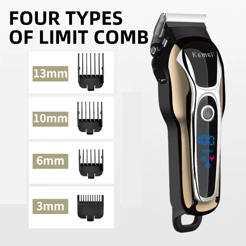 Kemei-Profissional Cordless Recarregável Hair Clipper para Homens, Aparador Elétrico, Cortador De Barba, Máquina De Corte De Cabelo, LCD, KM-1990