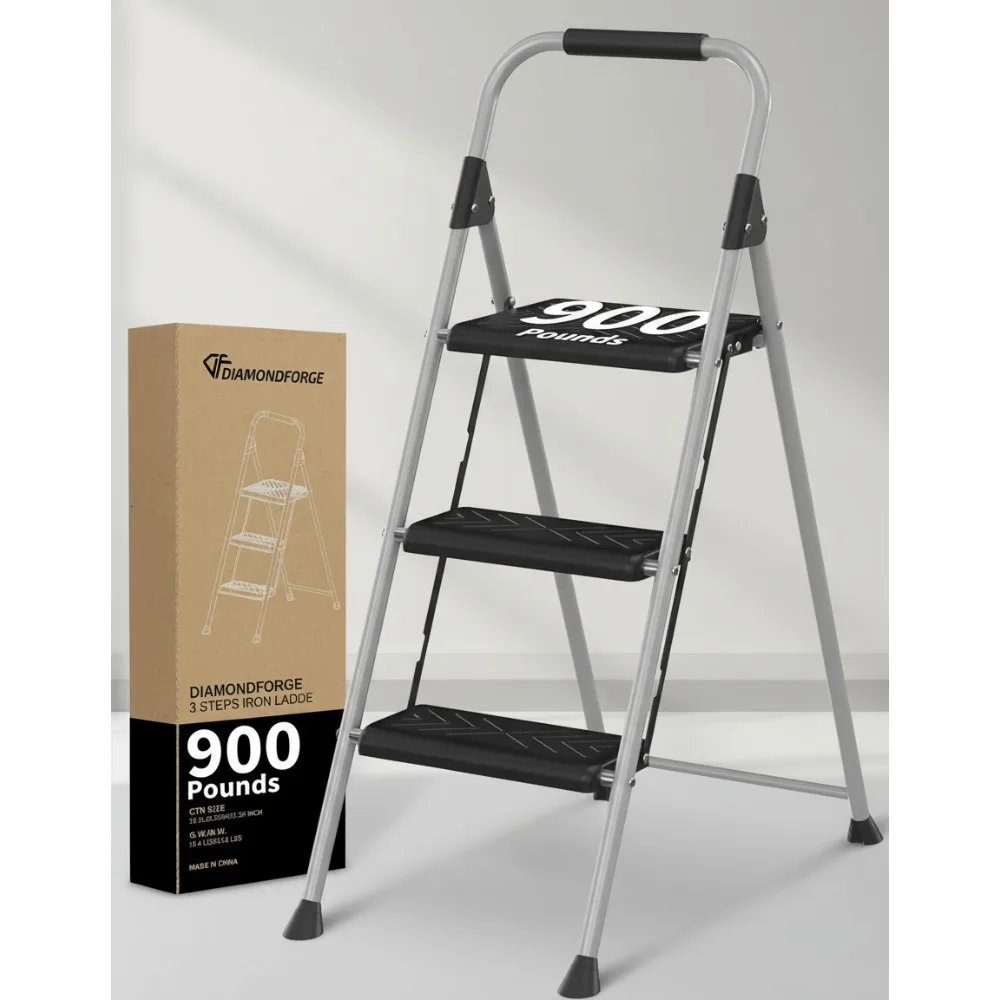 سلم قابل للطي بثلاث خطوات مع دواسة مضادة للانزلاق، مقعد فولاذي بسعة 900 رطل لسلامة المكاتب المنزلية