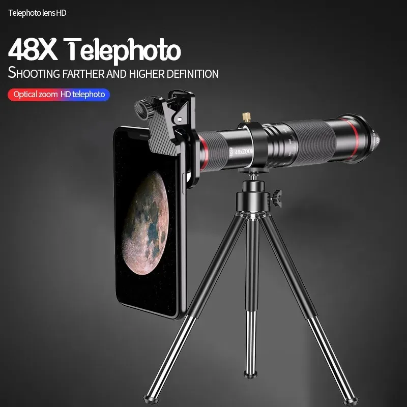 48x Hd Zoom Mobiele Telefoon Lens Krachtige Verrekijker Lange Afstand Monoculaire Metalen Telescoop Telelens Met Statief Voor Kamperen