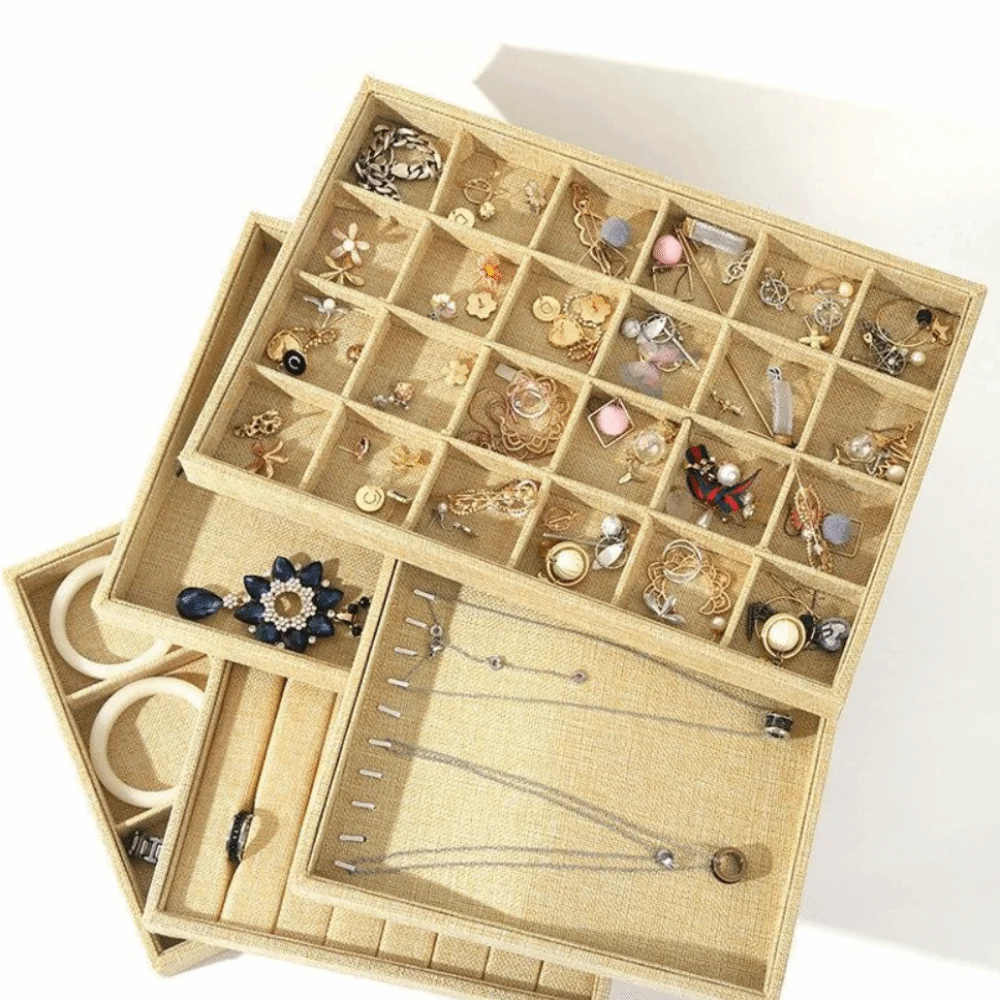

Space Saving Retro Jewelry Box Multifunctional Stackable Display Jewelry Holder Necklace Bracelet Linen Jewelry Tray Boutique