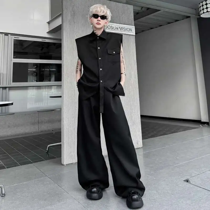 

Мужские комплекты, летние однотонные однобортные рубашки без рукавов с лацканами, новые прямые широкие свободные мужские рубашки с лентой UA7R