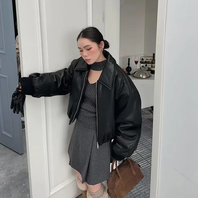 

Куртка из искусственной кожи, осенне-зимняя куртка из искусственной кожи для женщин, уличная одежда больших размеров, парки с хлопковой подкладкой, короткое пальто-бомбер