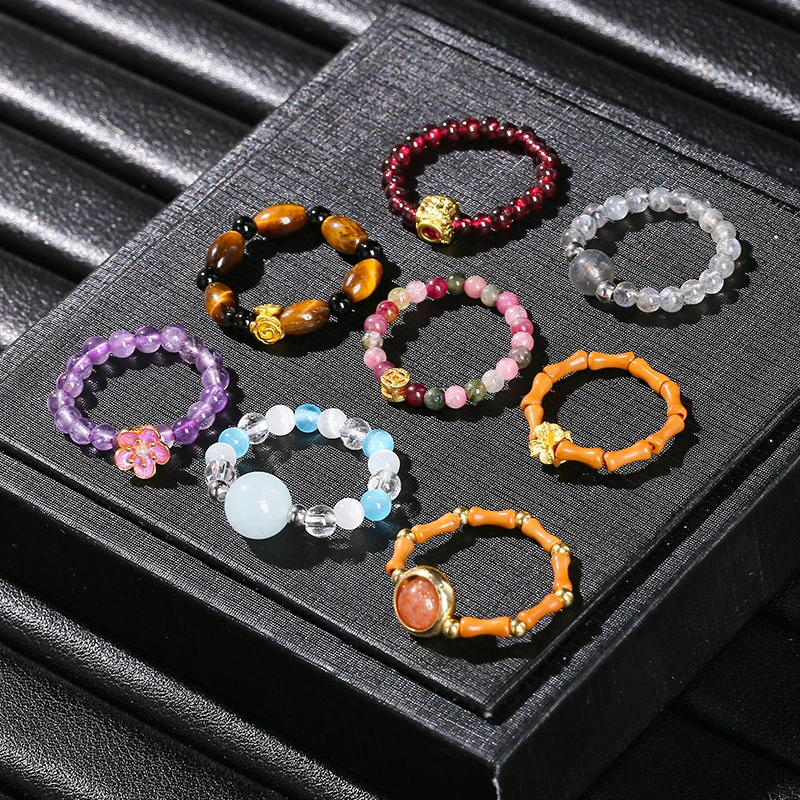 Bohe Natural Stone Crystal Bead Rings Tourmaline Garnet Seed Beads Stretch Ring Reiki Healing for Girls Casual Daily Party Gift
