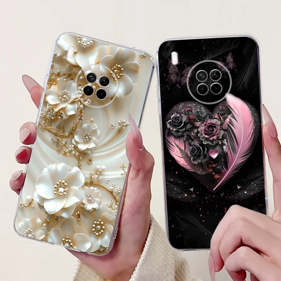 For Huawei Y9a Phone Case Nova Y9a FRL-L22 FRL-L23 Elegant Floral Cat Painted Soft Silicone Transparent TPU Cases