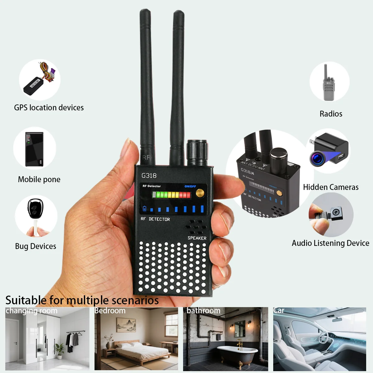 

Комплект антишпионского детектора PRO: радиочастотный сканер 8000 МГц для камеры/кубка/GPS-трекера, регулируемая чувствительность, голосовая сигнализация, включает 2 антенны