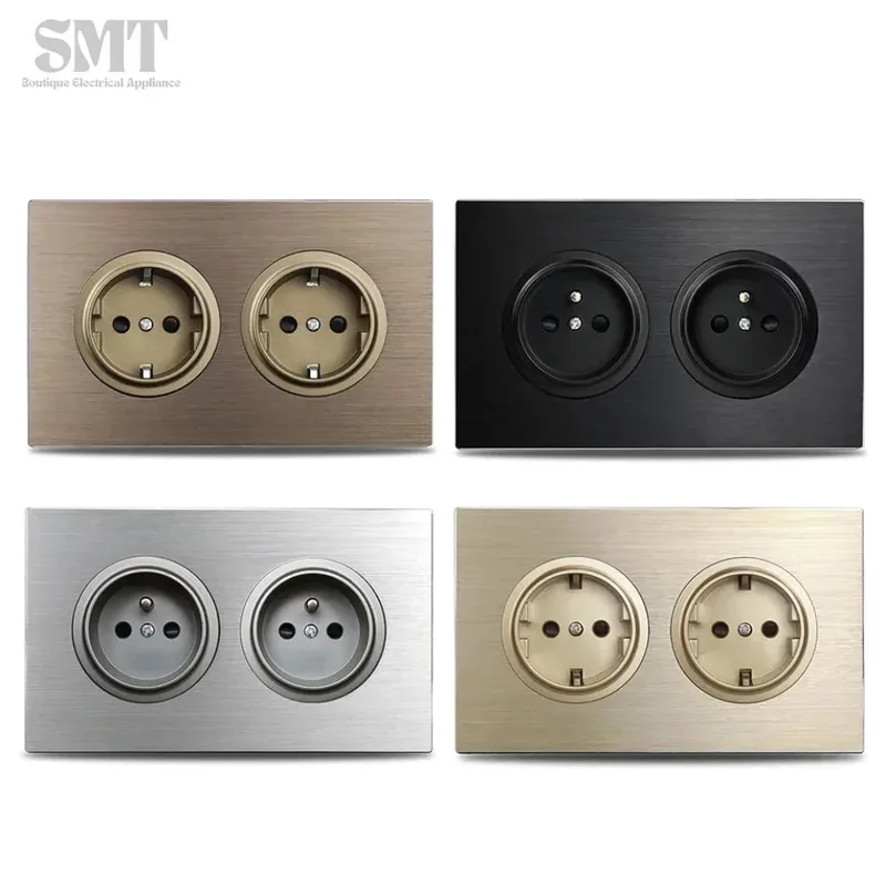 

Brass Double EU FR Wall Sockets Brushed Bronze Aluminum Alloy Panel Schuko Socket LED Indicate Round Button Germany Light Switch