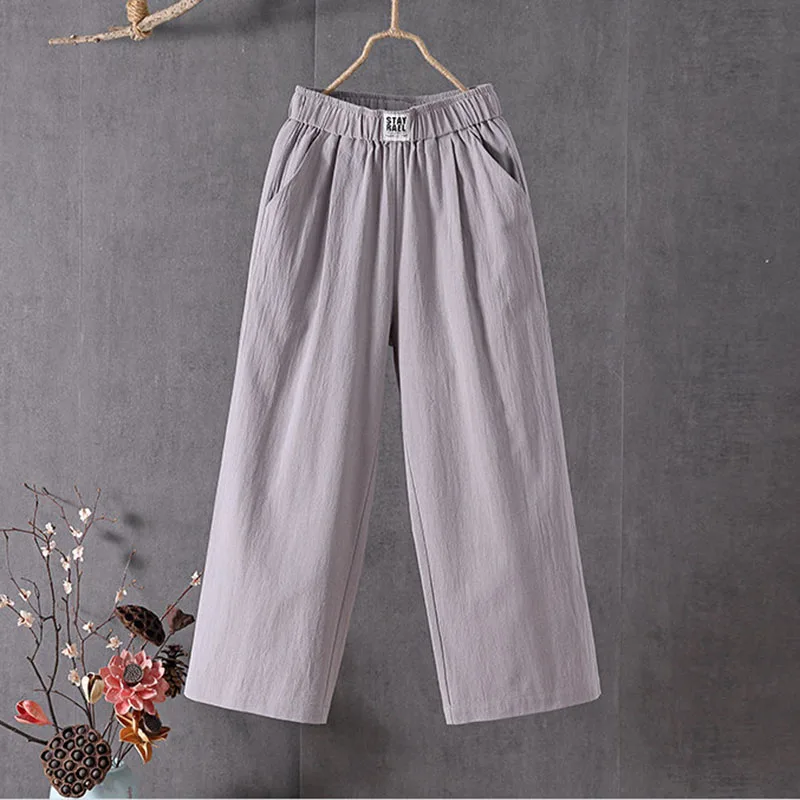 Sommerliche, lockere Freizeithose für Damen, bequem, atmungsaktiv, elastische Taille, weites Bein, einfarbig, vielseitig kombinierbar, Baumwoll-Leinen-Hose – Detail 8